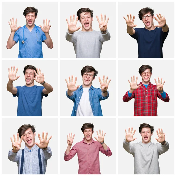 Collage Young Man White Isolated Background Showing Pointing Fingers Number — Stock Photo, Image