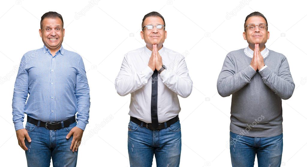 Composition of arab middle age man over isolated background praying with hands together asking for forgiveness smiling confident.