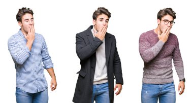 Kolaj genç yakışıklı iş adamı izole arka plan üzerinde bir el ağzıyla kapsayan yorgun esneme sıkılmış. Restless ve uyku hali.
