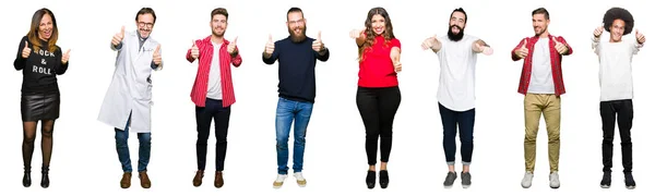 Collage Persone Sfondo Bianco Isolato Approvare Facendo Gesto Positivo Con — Foto Stock