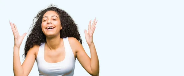 Young Beautiful Girl Curly Hair Celebrating Mad Crazy Success Arms — Stock Photo, Image