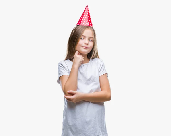 Young Beautiful Girl Wearing Birthday Cap Isolated Background Hand Chin — Stock Photo, Image
