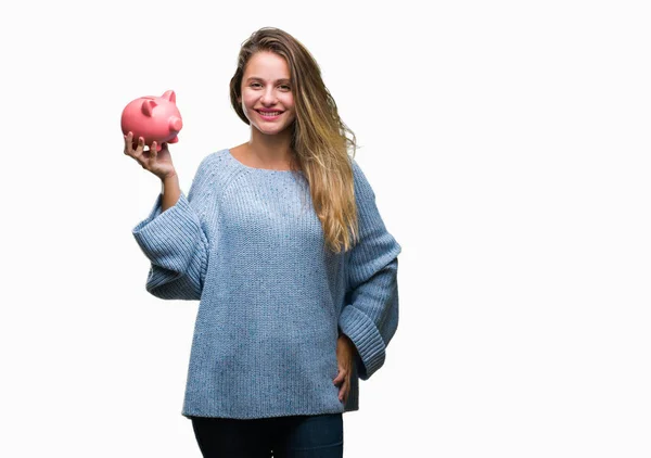 Jonge Mooie Blonde Vrouw Die Houdt Van Piggy Bank Geïsoleerde — Stockfoto