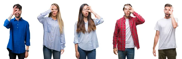 Collage Ungdomar Över Vit Isolerade Bakgrund Gör Gest Chockade Med — Stockfoto