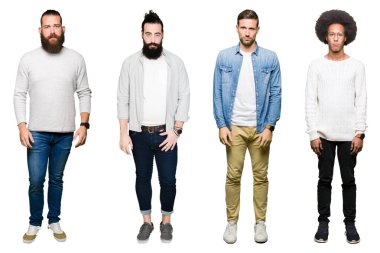 Kolaj bir grup genç adam beyaz izole arka plan üzerinde depresif ve kızgın ve korkmuş ağlıyor sıkıntı için endişeleniyorum. Üzgün ifade.