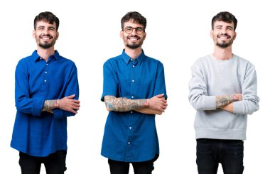 Kolaj izole arka plan mutlu yüz çapraz silah kameraya bakarak ile gülümseyen genç adam. Olumlu bir kişi.