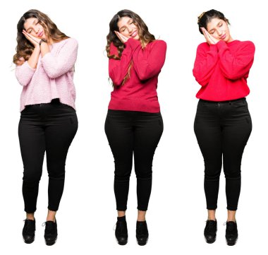 Beyaz izole arka plan uyku yorgun hayal ve ellerle birlikte poz ile kapalı gözler gülümseyen güzel genç kadın kolaj.