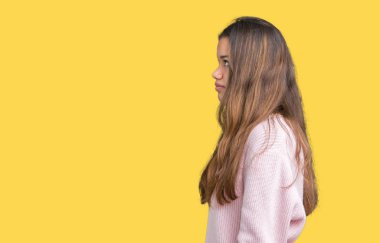 İzole arka tarafına, seyir üzerinde pembe kış kazak giyen genç güzel esmer kadın dinlenmek doğal yüz emin gülümseme ile pozuyla profili.