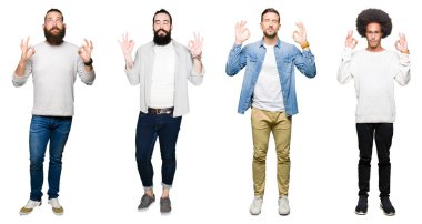 Kolaj bir grup beyaz izole arka plan üzerinde genç erkek dinlenin ve gülümseyen gözlerle kapalı parmak jestle meditasyon yapıyor. Yoga kavramı.