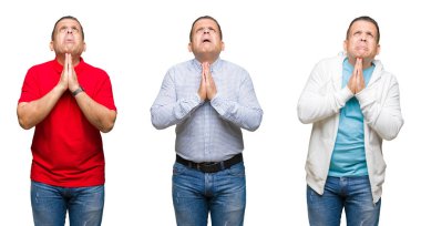 Arap orta yaş erkek yalvarıyor ve umut ifade yüzünde çok duygusal ve endişe ile birlikte elleriyle dua izole arka plan üzerinde bileşimi. Bağışlanmak. Din kavramı.