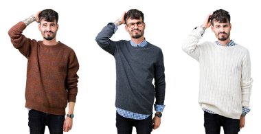 İzole arka plan üzerinde bir kazak giyen genç adam kolaj yanıltır ve soru hakkında merak ediyorum. Şüphe, kafasına el ile düşünme ile belirsiz. Dalgın kavramı.