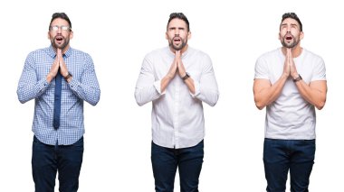 Yakışıklı iş adamı yalvarıyor ve umut ifade yüzünde çok duygusal ve endişe ile birlikte elleriyle dua beyaz izole arka plan üzerinde kolaj. Bağışlanmak. Din kavramı.