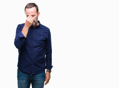 Orta yaş izole arka plan yorgun sürtünme burun ve göz yorgunluğu ve baş ağrısı duygu ağarmış komuta sizde. Stres ve hayal kırıklığı kavramı.