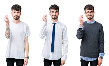 El ve parmak ile İtalyan jest yapıyor emin ifade izole arka plan üzerinde genç adam kolaj