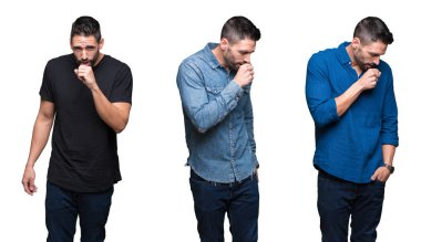 Kolaj yakışıklı adam beyaz bir arka plan duygu hasta ve öksürük semptom olarak soğuk veya bronşit için izole. Sağlık kavramı.