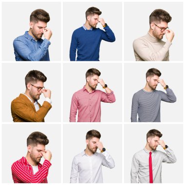Collage of handsome young business man wearing different looks over white isolated background tired rubbing nose and eyes feeling fatigue and headache. Stress and frustration concept.