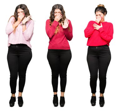 Kolaj güzel genç kadının üzerinde beyaz izole bir şey pis ve iğrenç kokulu arka plan, dayanılmaz koku, holding nefes burun parmaklar ile. Kötü kokuyor kavramı.