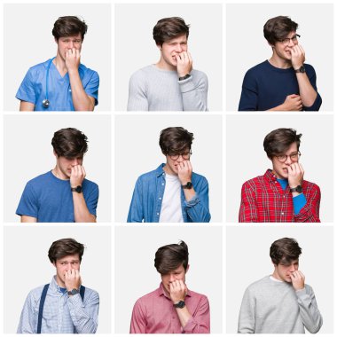 Genç adam stresli ve gergin ile beyaz izole arka plan üzerinde kolaj tırnak ısırma dudaklarından eller. Anksiyete sorunu.