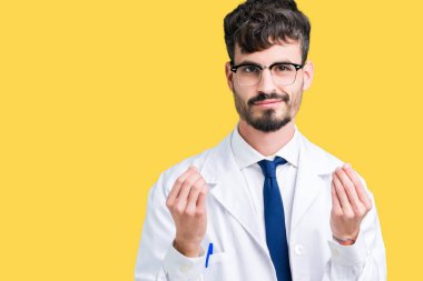 Maaş ödeme için milyoner iş soran üzerinde Beyaz önlük giyen genç profesyonel bilim adam arka plan yapıyor para hareketi el ile izole