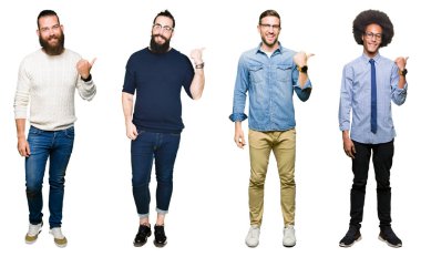 Genç erkekler arıyorum ve başparmak yanında yukarıyı mutlu yüz ile gülümseyen beyaz izole arka plan üzerinde Grubu'nun kolaj.