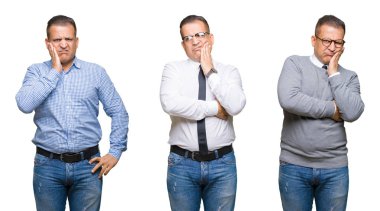 İzole arka plan düşünme üzerinde Arap orta yaş adam bileşimi yorgun ve çapraz silah ile depresyon sorunları ile sıkılmış bakıyor.