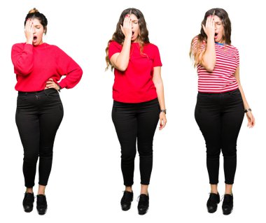 Kolaj güzel genç kadın beyaz bir arka plan yarım yüz, göz ve ağız el ile kapsayan Yawning yorgun izole. Acı yüzü acıyor.