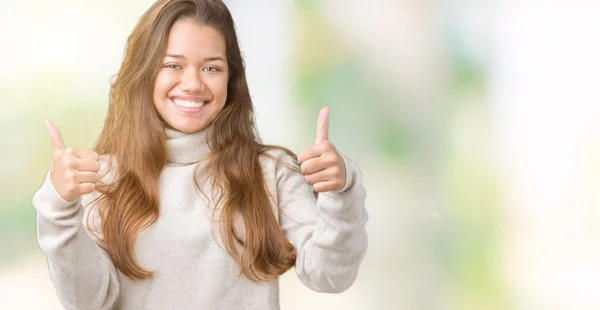 Jonge Mooie Brunette Vrouw Coltrui Trui Dragen Geïsoleerde Achtergrond Succes — Stockfoto