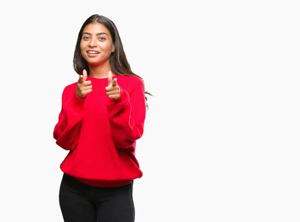 Young Beautiful Arab Woman Wearing Winter Sweater Isolated Background Pointing — Stock Photo, Image