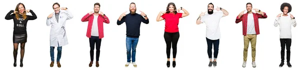 Collage People White Isolated Background Smiling Confident Showing Pointing Fingers — Stock Photo, Image