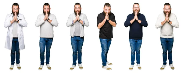 Collage Young Man Bun White Isolated Background Praying Hands Together — Stock Photo, Image