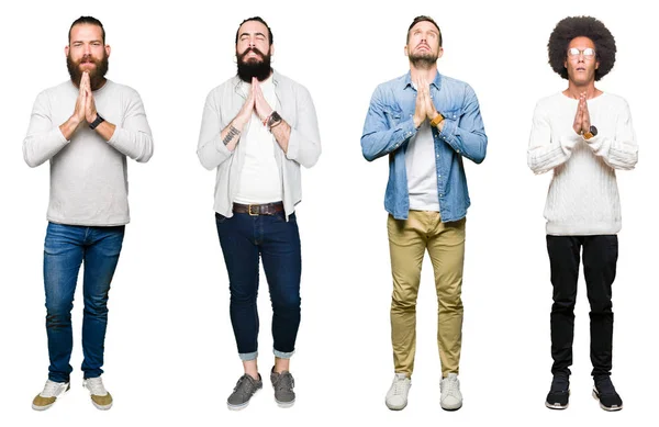 Kolaż Grupa Młodych Mężczyzn Białym Tle Żebractwa Modląc Się Rąk — Zdjęcie stockowe