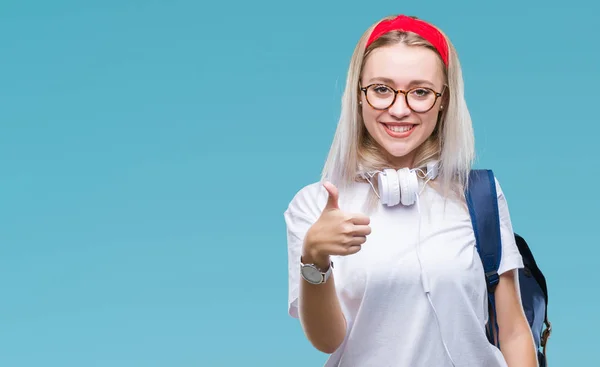 Ung Blond Student Kvinna Bär Glasögon Och Ryggsäck Över Isolerade — Stockfoto