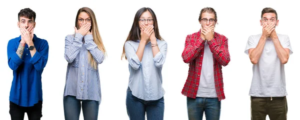 Collage Ungdomar Över Vita Isolerade Bakgrund Chockad Som Täcker Munnen — Stockfoto