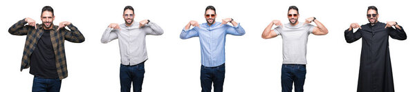 Коллаж красивый мужчина на белом изолированном фоне выглядит уверенно с улыбкой на лице, указывая на себя пальцами гордый и счастливый
.