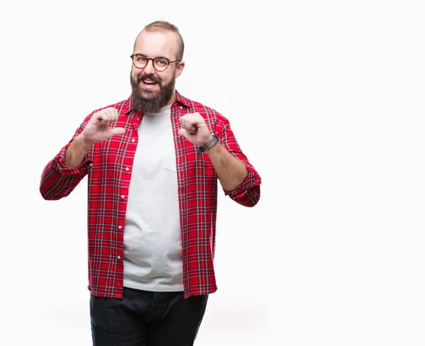 Joven Hombre Hipster Caucásico Con Gafas Sobre Fondo Aislado Mirando — Foto de Stock