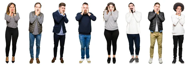 Коллаж Людей Белом Изолированном Фоне Усталые Руки Покрывающие Лицо Депрессия — стоковое фото