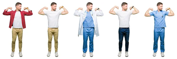 Collage Van Aantrekkelijke Jonge Man Witte Geïsoleerde Achtergrond Armen Spieren — Stockfoto