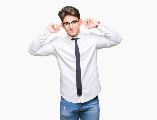 Joven Hombre Negocios Con Gafas Sobre Fondo Aislado Sonriendo Tirando — Foto de Stock