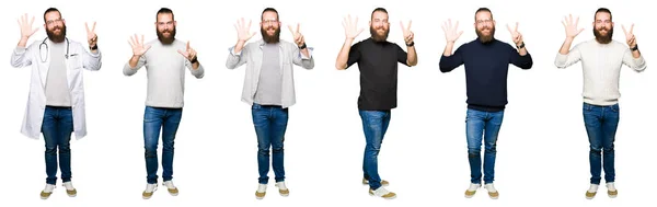 Collage Young Man Bun White Isolated Background Showing Pointing Fingers — Φωτογραφία Αρχείου