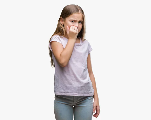 Young Beautiful Girl Isolated Background Looking Stressed Nervous Hands Mouth — Stock Photo, Image