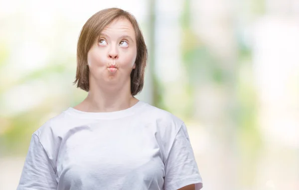 Mladé Dospělé Ženy Downovým Syndromem Izolované Pozadí Tvorby Rybí Obličej — Stock fotografie