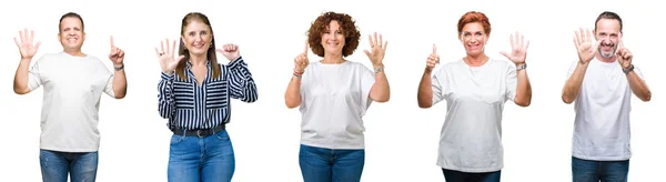 Collage Group Senior People Isolated Background Showing Pointing Fingers Number — Stock Photo, Image