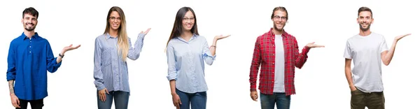 Collage Young People White Isolated Background Smiling Cheerful Presenting Pointing — Stock Photo, Image