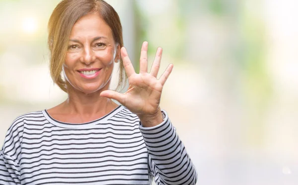 Mujer Hispana Mayor Mediana Edad Con Antecedentes Aislados Mostrando Señalando — Foto de Stock