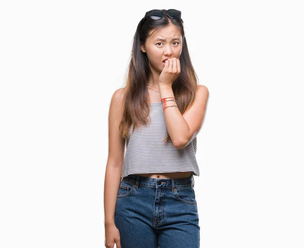 Young Asian Woman Wearing Sunglasses Isolated Background Looking Stressed Nervous — Stock Photo, Image