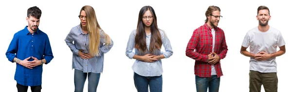 Collage Young People White Isolated Background Hand Stomach Because Indigestion — Stock Photo, Image