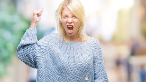 Jonge Mooie Blonde Vrouw Winter Trui Dragen Geïsoleerd Achtergrond Boos — Stockfoto