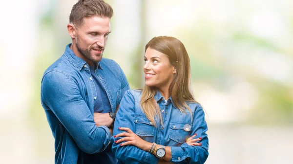 Jong Koppel Liefde Geïsoleerde Achtergrond Blij Gezicht Lachend Met Gekruiste — Stockfoto