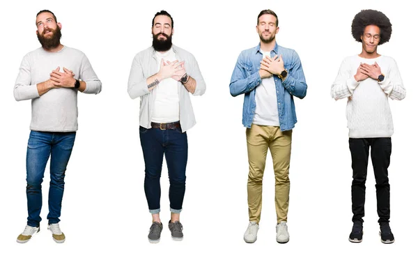 Colagem Grupo Homens Jovens Sobre Fundo Isolado Branco Sorrindo Com — Fotografia de Stock