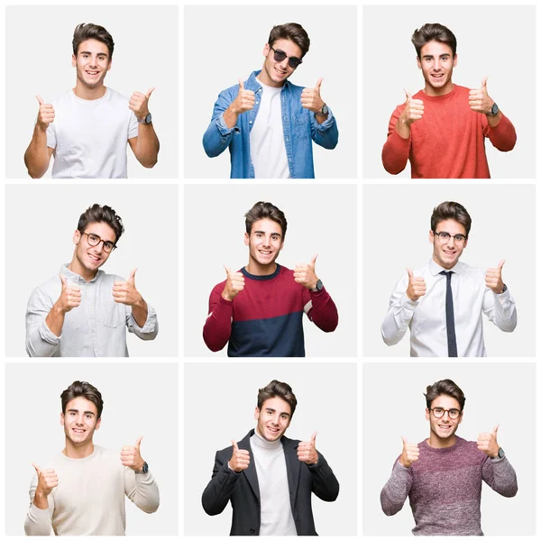 Collage Joven Hombre Negocios Guapo Sobre Signo Éxito Fondo Aislado —  Fotos de Stock